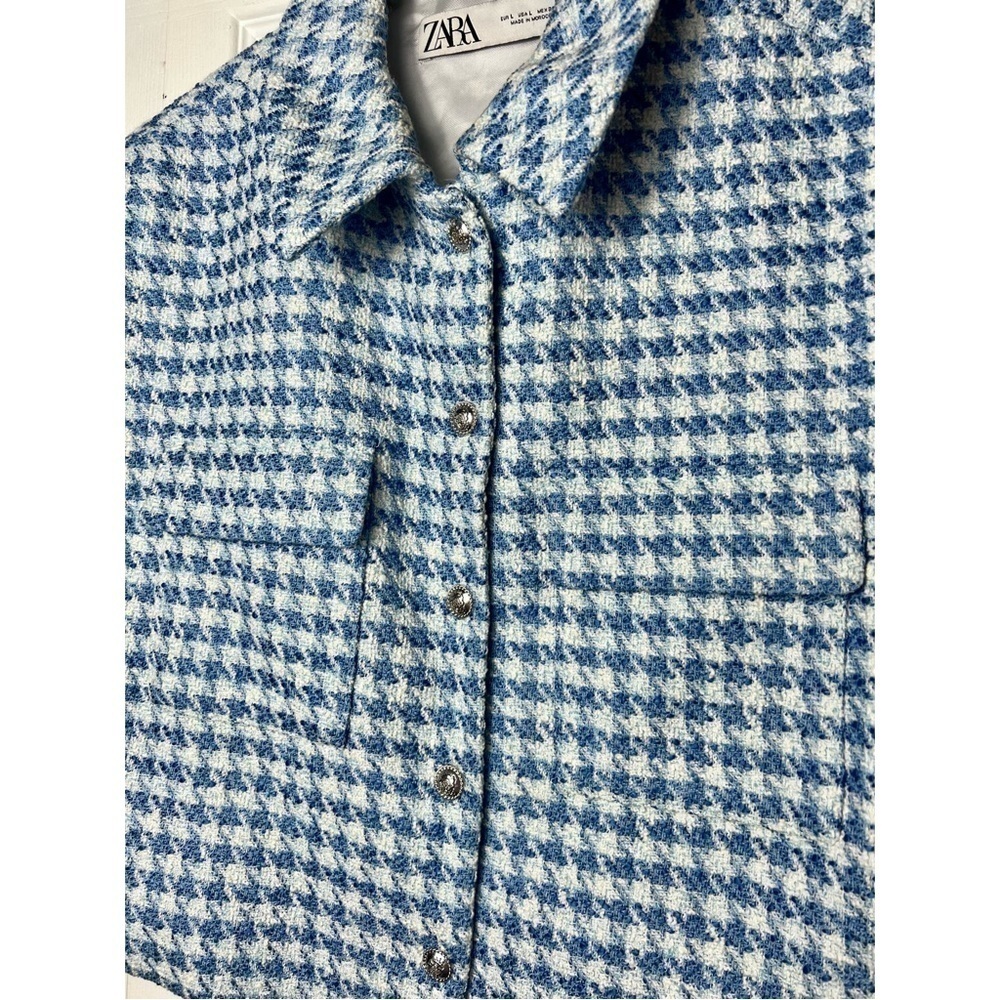 Zara Blue White Tweed Houndstooth Cropped Vest Jacket Size Large - Picture 7 of 10